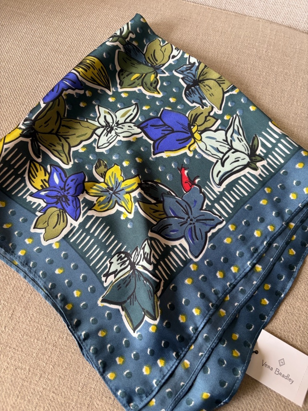 Vera Bradley Teal Floral Falling Flowers Silk Neckerchief NEW WITH TAGS